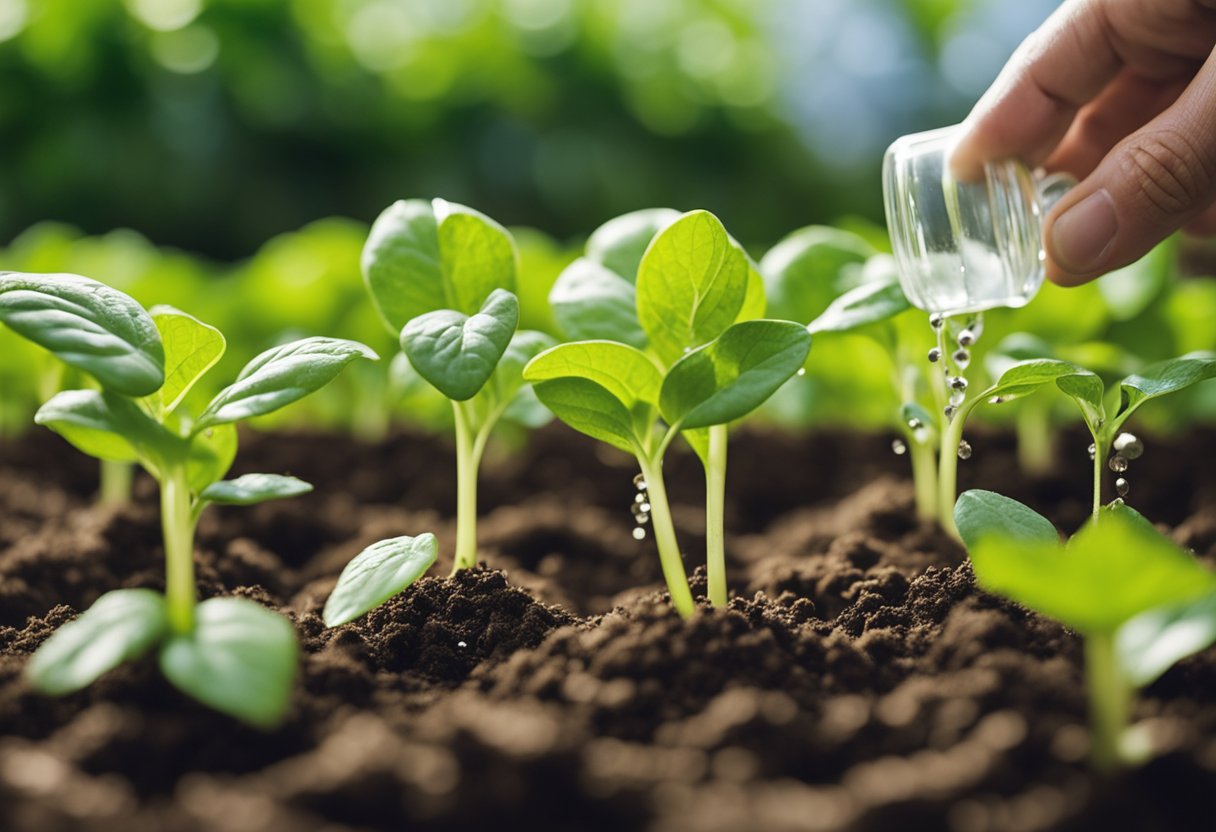 Hydroponic plants being carefully transferred from their nutrient-rich water solution into soil, with roots being gently placed into the earth