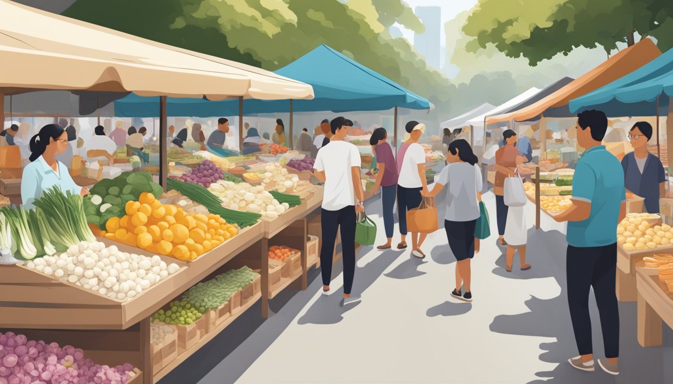 A bustling outdoor market stall in Singapore displays fresh burrata cheese alongside other artisanal products. Shoppers browse the selection, while the vendor arranges the creamy cheese in neat rows