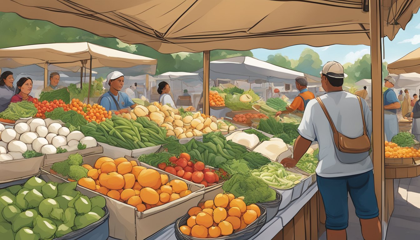 A bustling outdoor market with colorful displays of fresh produce and dairy products. A vendor proudly showcases rounds of creamy burrata cheese, enticing passersby with its rich texture and delicate flavor