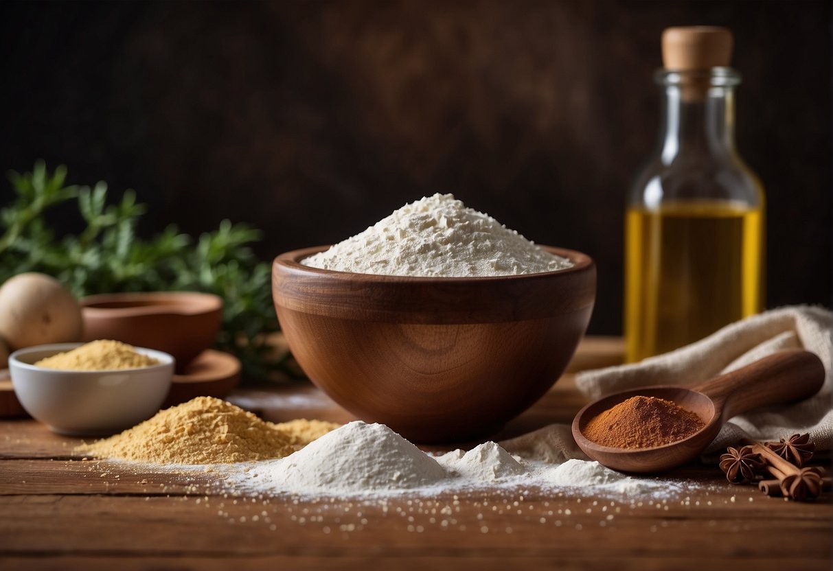 A wooden table with a mixing bowl filled with flour, sugar, Chinese five spice, and yeast. Beside it, a bottle of vegetable oil and a rolling pin