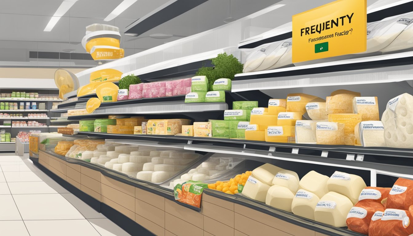 A display of various burrata cheese packages on shelves with a "Frequently Asked Questions" sign in a Singapore grocery store