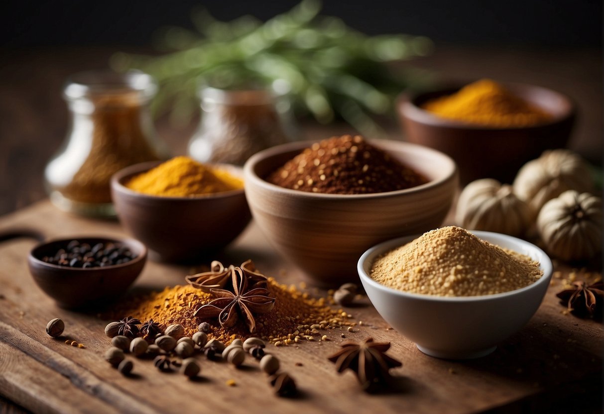 A table with ingredients: cinnamon, cloves, fennel, star anise, Szechuan peppercorns. A mixing bowl with flour, sugar, baking powder, and the five spice powder