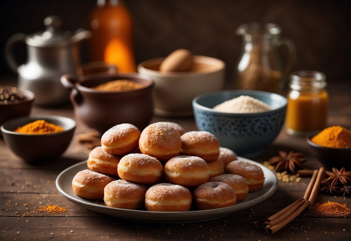 A table with a plate of Chinese five spice doughnuts, surrounded by jars of spices and ingredients. A mixing bowl and rolling pin sit nearby
