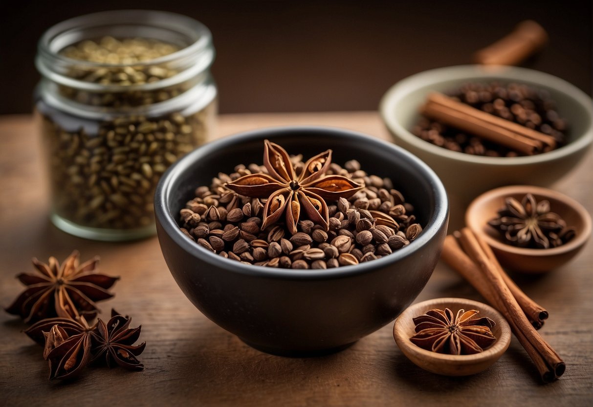 A table with bowls of star anise, cloves, cinnamon, Sichuan peppercorns, and fennel seeds. A jar of mixed Chinese five spice powder sits next to a handwritten recipe card