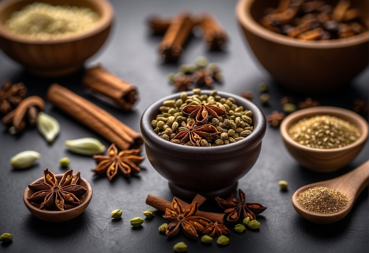 A mortar and pestle grind together star anise, cloves, cinnamon, Sichuan peppercorns, and fennel seeds for a homemade five spice blend