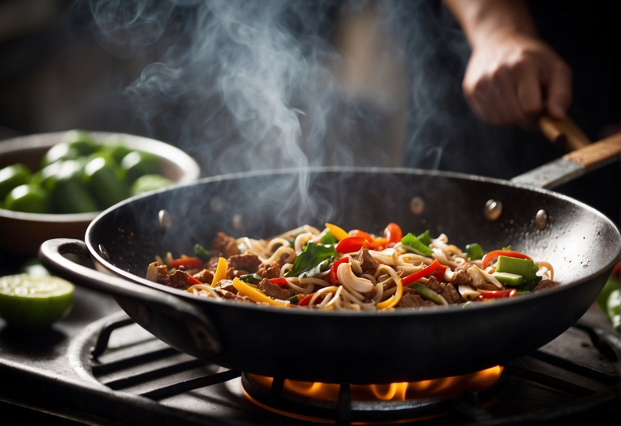 A wok sizzles with Chinese Five Spice, as ingredients are tossed in. Aromatic steam rises, filling the air with warm, rich scents