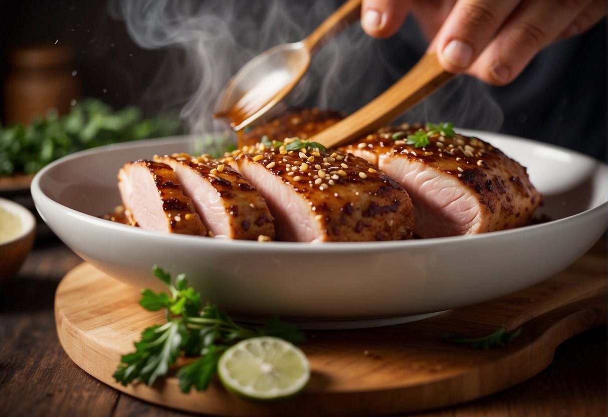 A sizzling pork loin is being coated with a fragrant blend of Chinese five spice, creating a mouthwatering aroma in the kitchen