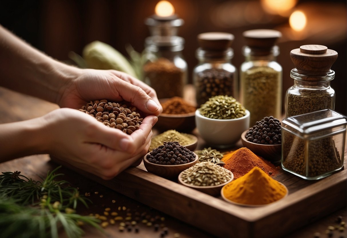 A wooden spice rack holds five spice ingredients: star anise, cloves, cinnamon, Sichuan peppercorns, and fennel seeds. A hand reaches for a mortar and pestle nearby
