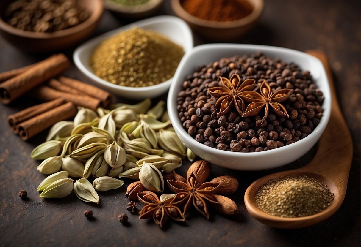 A table with various ingredients like star anise, cloves, cinnamon, Sichuan peppercorns, and fennel seeds laid out for a Chinese five spice recipe