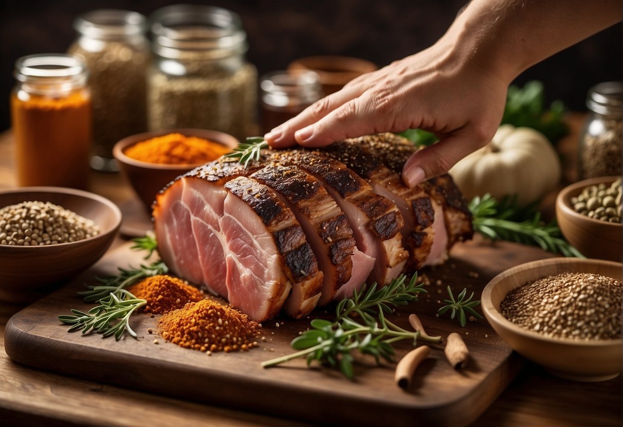 A hand reaches for a marbled pork cut, surrounded by jars of Chinese five spice and other seasonings on a wooden countertop