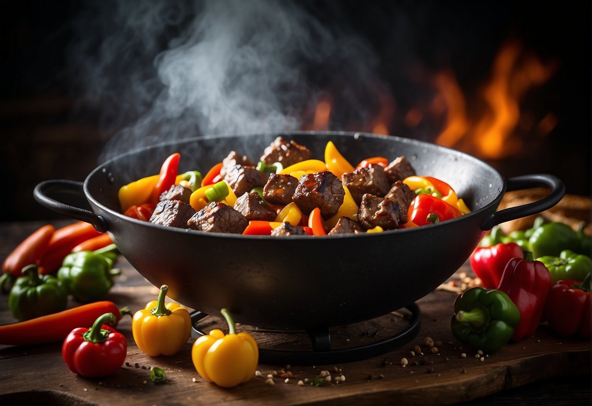 Sizzling beef cubes in a wok with aromatic Chinese five spice, surrounded by colorful bell peppers and onions