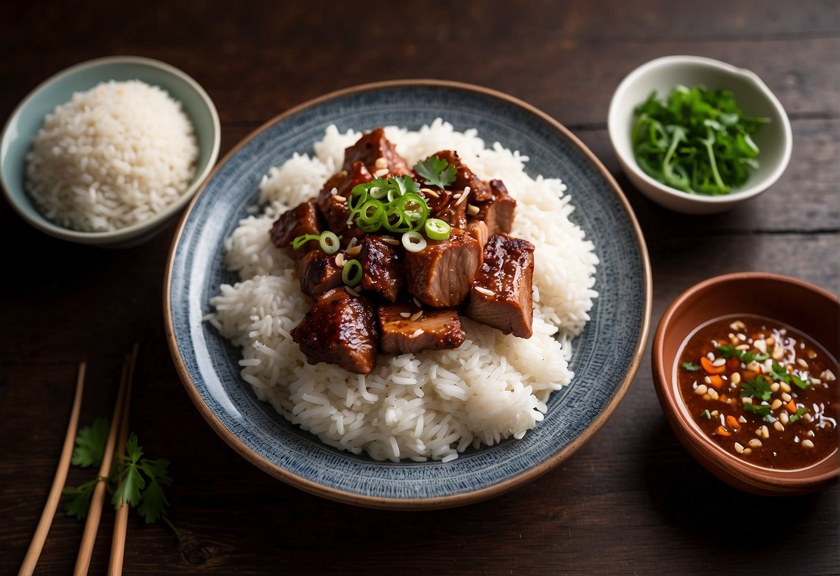 A platter of Chinese five spice pork, garnished with fresh herbs, on a wooden table with chopsticks and a steaming bowl of rice