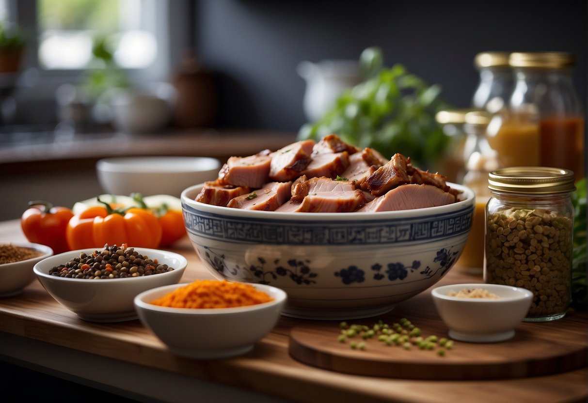 A bowl of marinated pork sits on a kitchen counter, surrounded by jars of Chinese five spice and other ingredients. Leftover pieces of pork are stored in airtight containers nearby