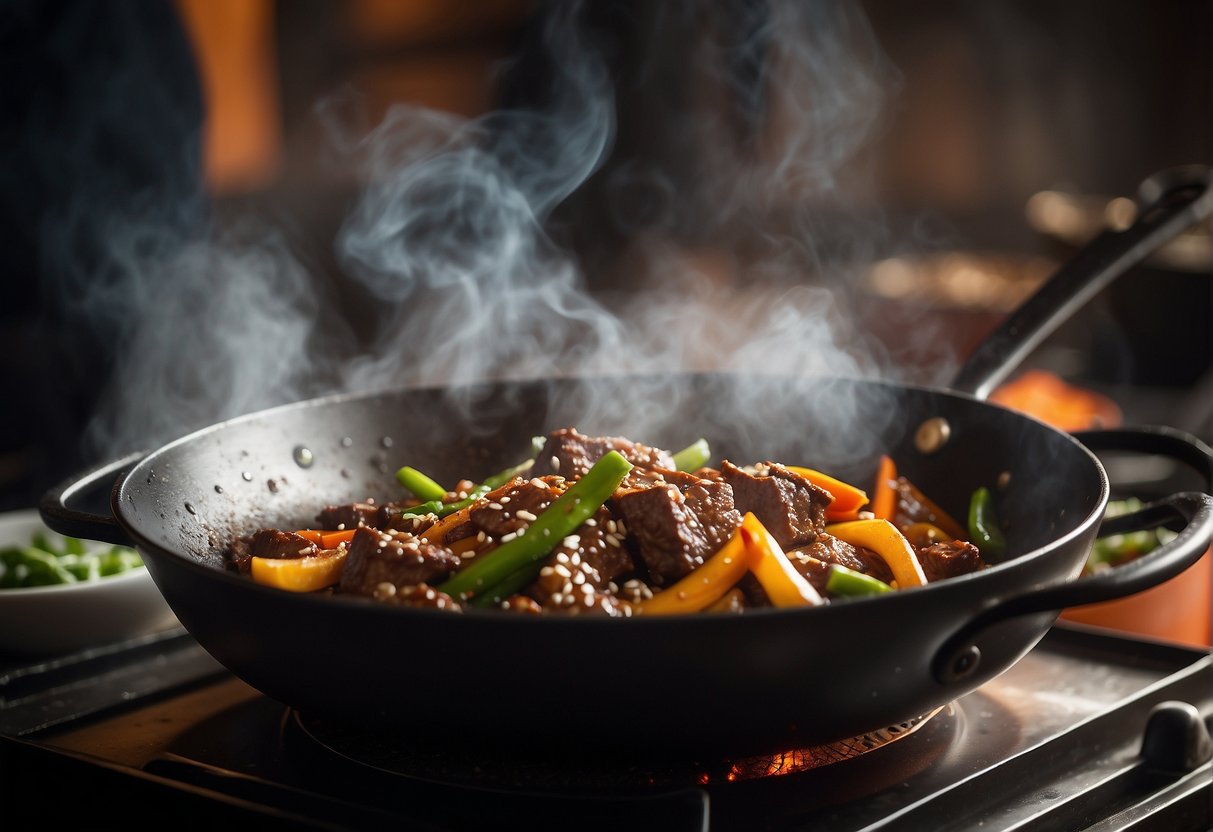A wok sizzles as beef is stir-fried with Chinese five spice, creating aromatic clouds of steam and rich, caramelized flavors
