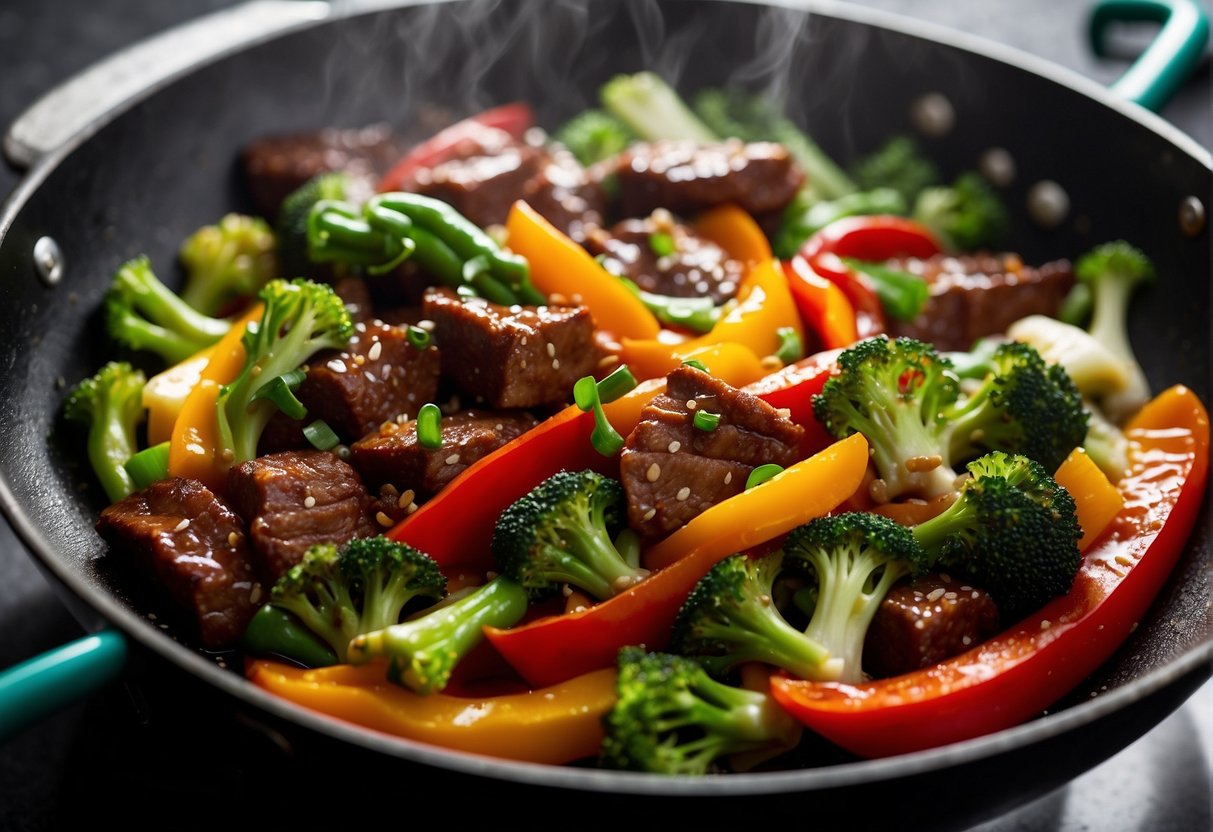 A sizzling wok filled with tender beef strips coated in a fragrant blend of Chinese five spice, garlic, and ginger. Surrounding it are vibrant vegetables like bell peppers, broccoli, and snow peas, all glistening with a savory sauce
