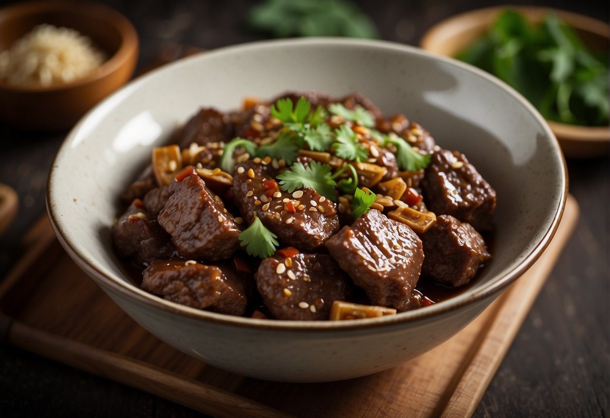 A bowl of Chinese five spice beef being prepared with FAQ text in the background
