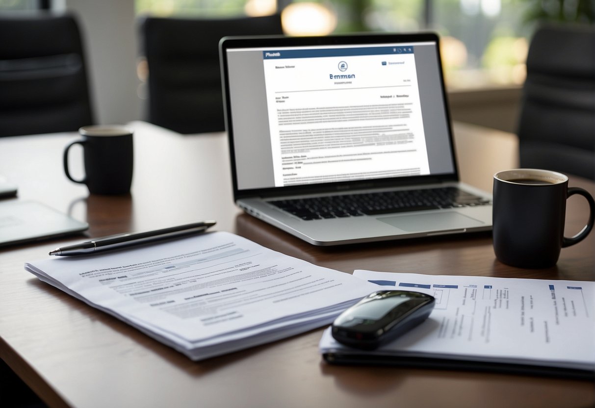 A desk with a stack of resumes, a laptop, and a pen. A manager sits across from a candidate, conducting an interview