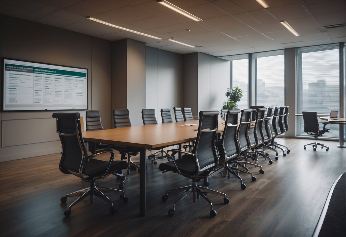 A conference room with a table surrounded by chairs, a whiteboard with a timeline of the hiring process, and a stack of resumes and job applications