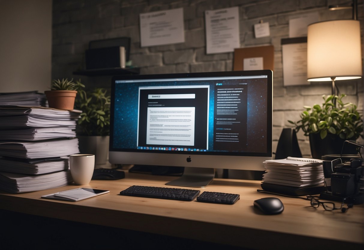 A desk with a computer, job postings on a wall, and a stack of resumes