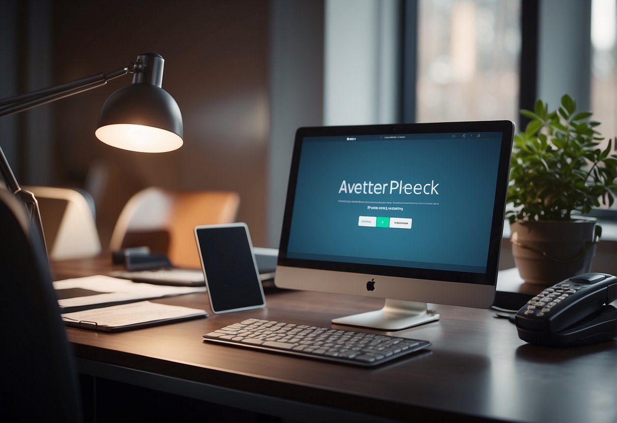 A desk with a computer, files, and a phone. A person conducting background checks and reference checks for a hiring process