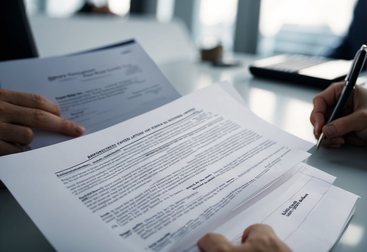 An employment offer letter and contract being signed by two parties in an office setting