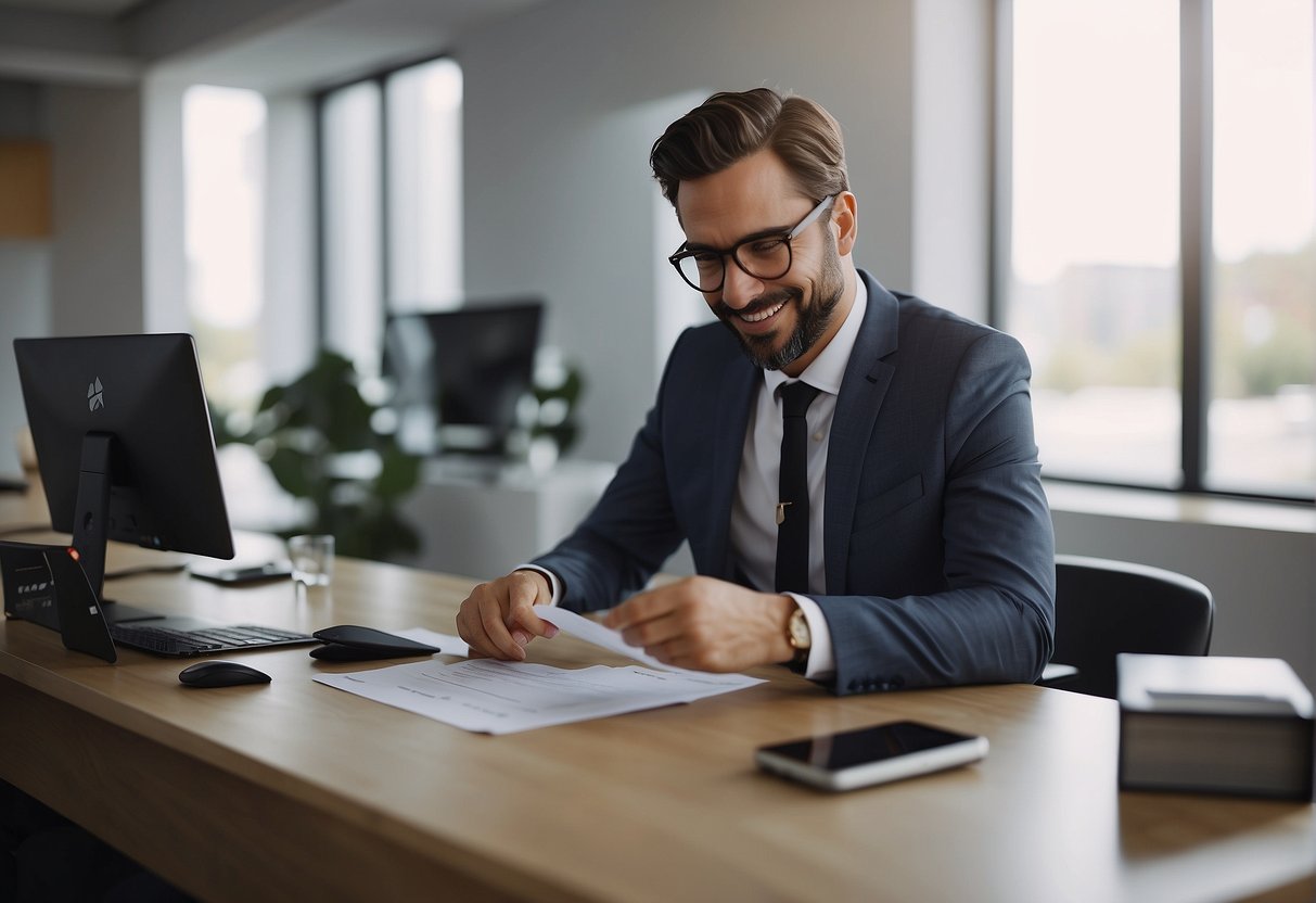 New employee receiving onboarding materials at a desk