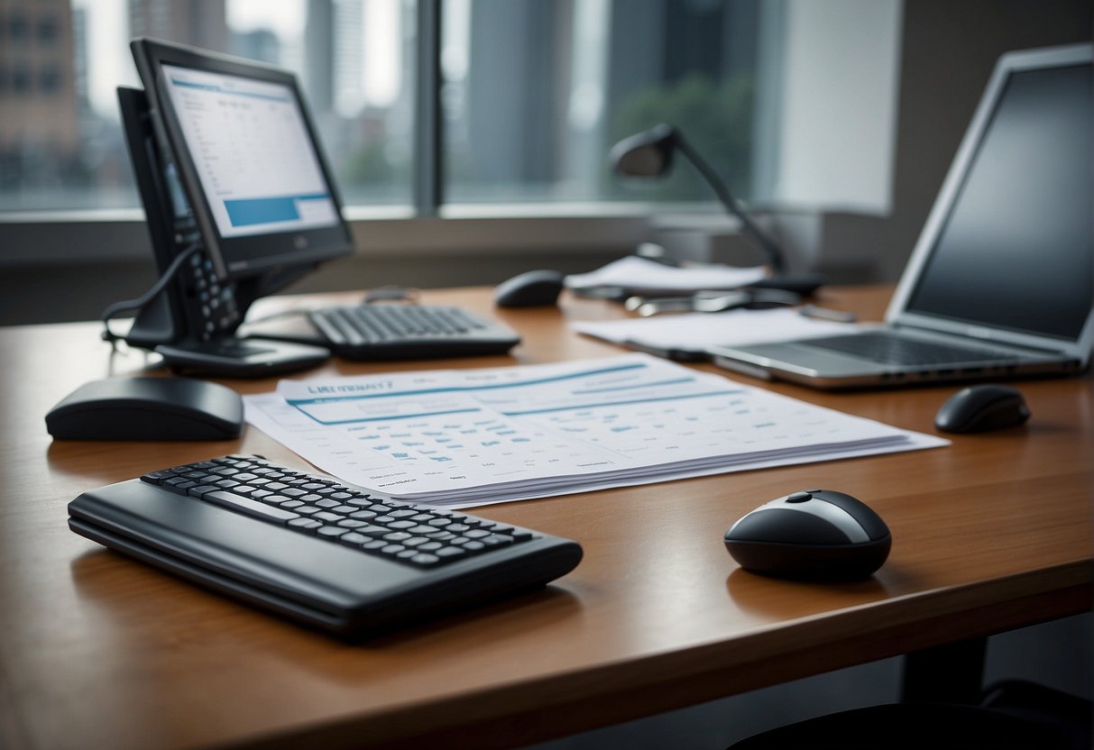 An office desk with a computer, paperwork, and a calendar. A manager and a job candidate sit across from each other, discussing the hiring process