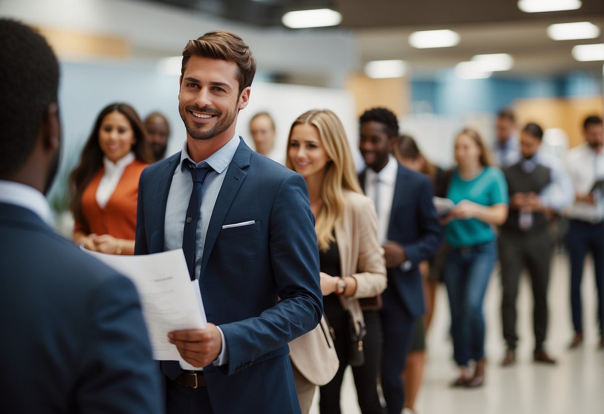 A group of people standing in line, holding resumes and talking to a receptionist at a job fair