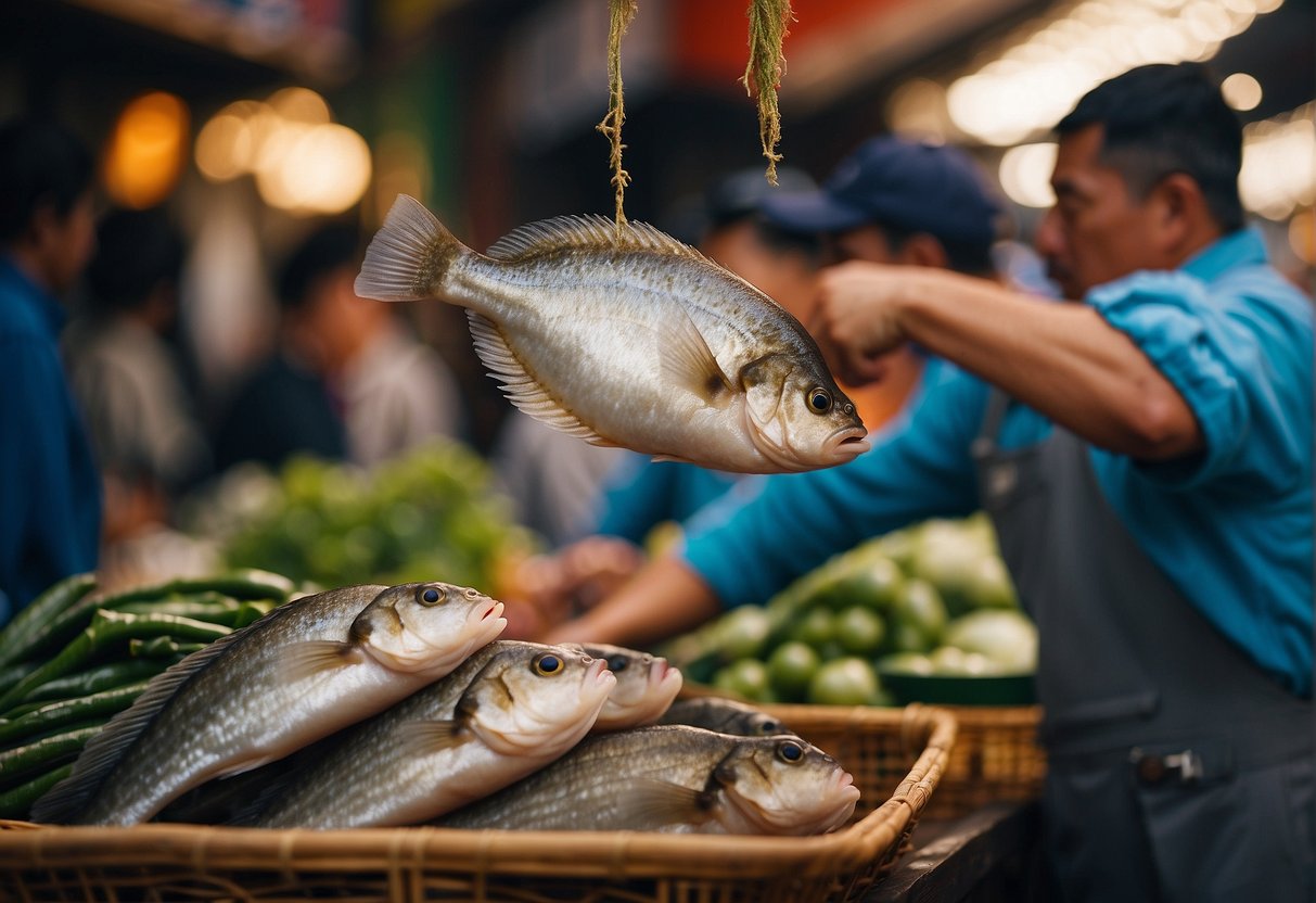 A hand reaches for a fresh flounder at a bustling Chinese market. The vendor carefully inspects the fish, ensuring it's the perfect choice for a traditional flounder recipe