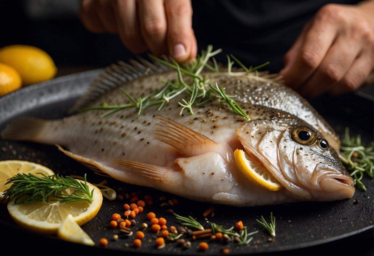A chef seasons a whole flounder with Chinese spices and herbs before placing it on a grill
