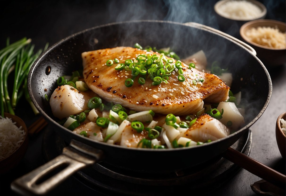 A wok sizzles with ginger, garlic, and scallions as a whole flounder is carefully steamed, then topped with soy sauce and cilantro