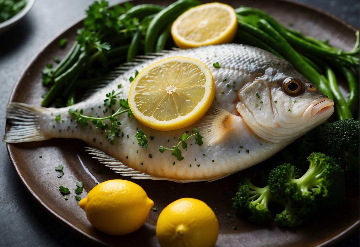 A whole flounder is elegantly arranged on a large platter, surrounded by vibrant green vegetables and garnished with sliced lemons and fresh herbs