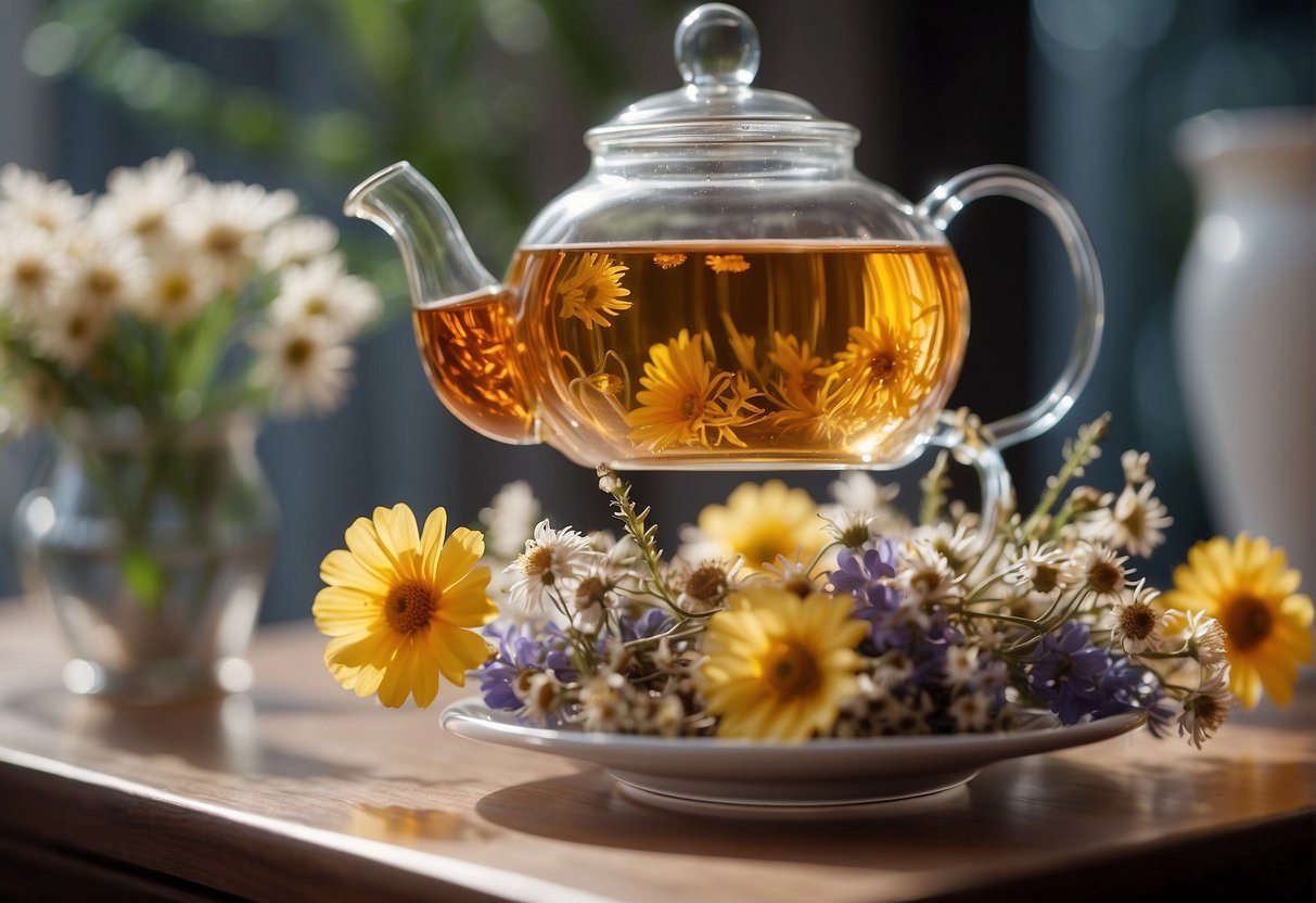 A teapot pours hot water over dried flowers in a clear glass teacup. The flowers begin to bloom and release their vibrant colors into the water, creating a beautiful and aromatic Chinese flower tea