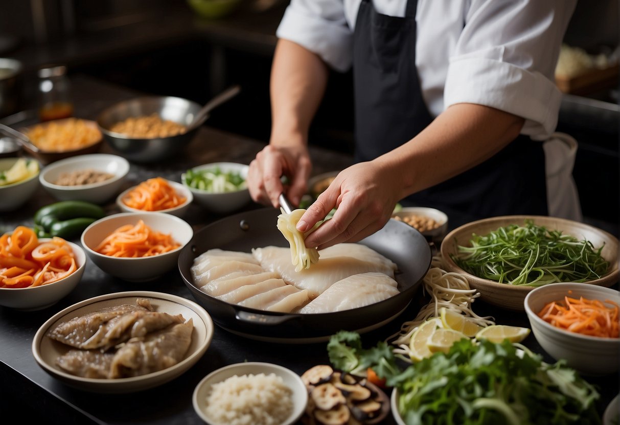 A chef prepares a Chinese flounder dish, surrounded by ingredients and cooking utensils, with a recipe book open to the "Frequently Asked Questions" section