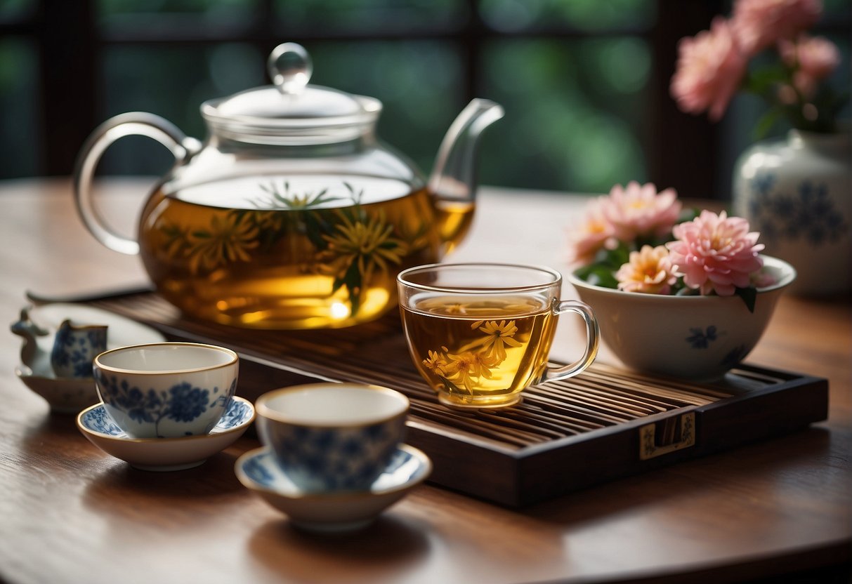 A traditional Chinese tea ceremony with blooming flowers in a clear glass teapot, surrounded by delicate tea cups and a bamboo tea tray
