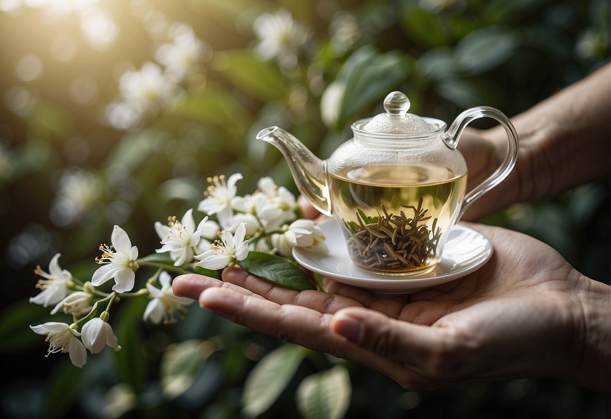A hand reaching for fresh jasmine flowers, loose tea leaves, and a delicate teapot