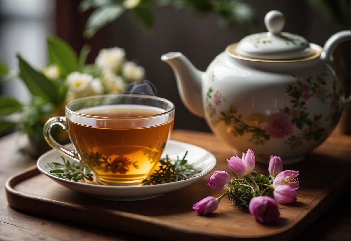 A steaming cup of Chinese flower tea sits on a wooden table, surrounded by fresh flowers and herbs. The tea is being poured from a traditional teapot into a delicate porcelain cup