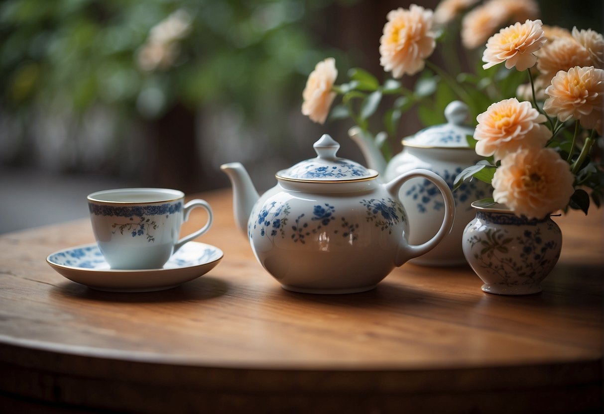 A table set with a delicate teapot, cups, and blooming flowers. Steam rises, and a serene atmosphere suggests enjoyment