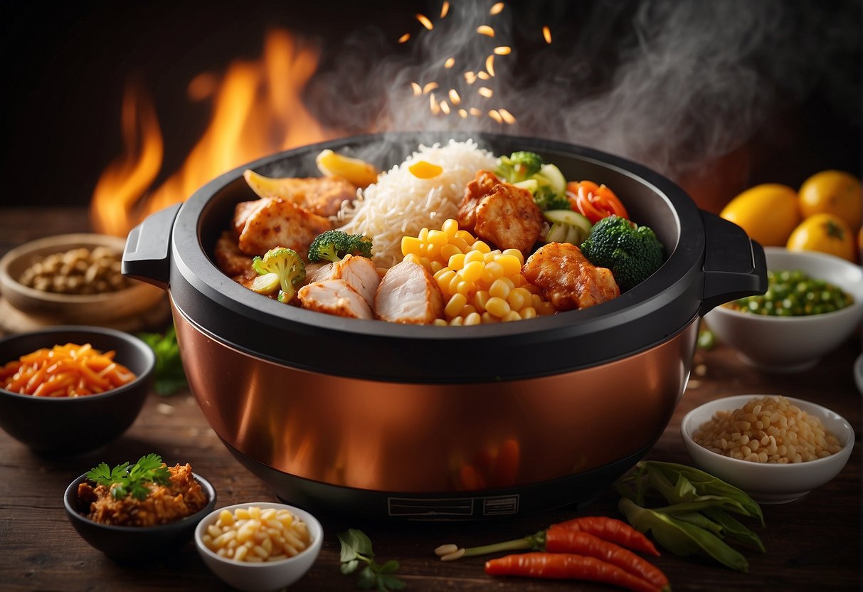 A colorful array of Chinese food ingredients sizzling in an air fryer, emitting mouth-watering aromas