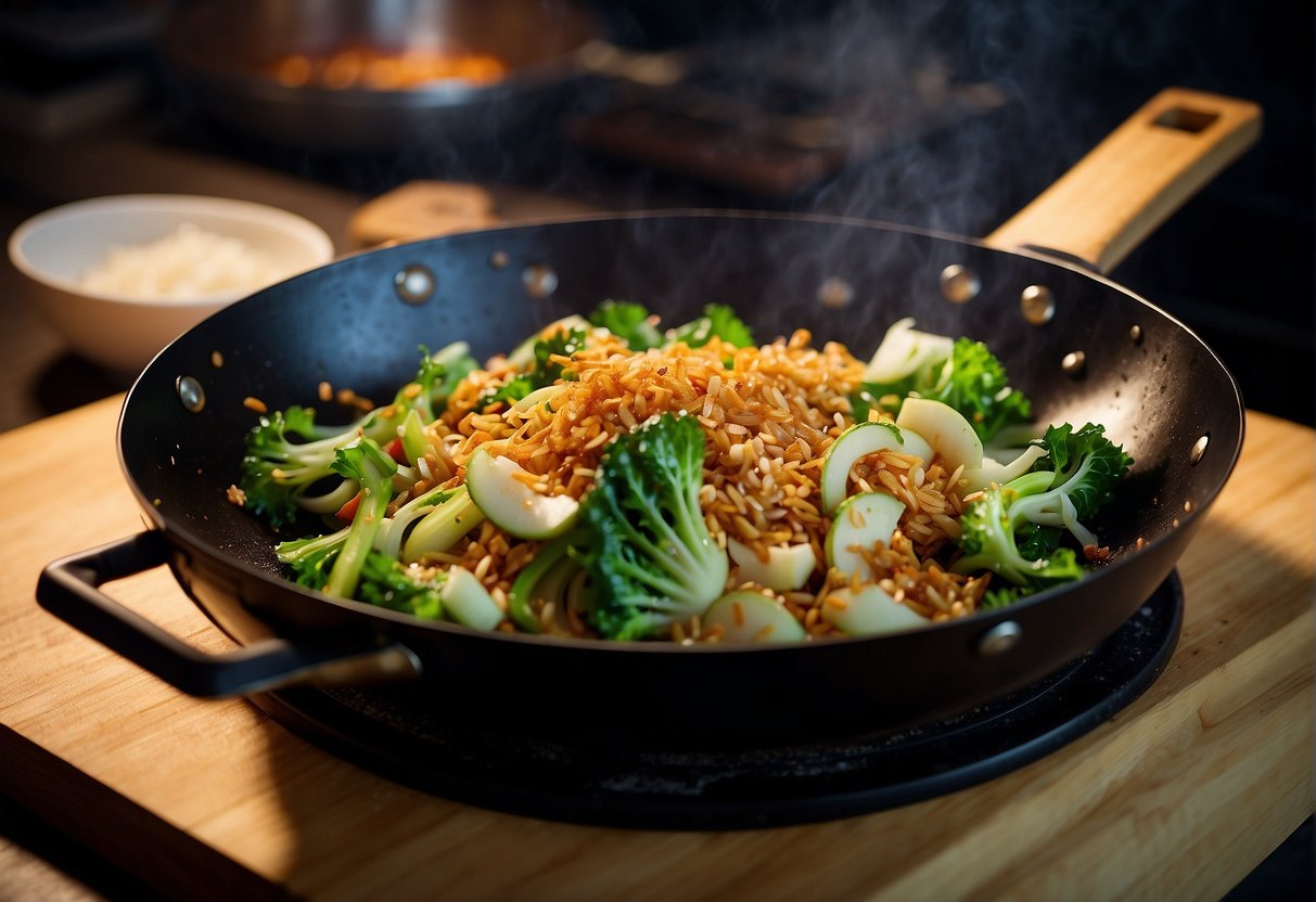 A wok sizzles with garlic and ginger as Chinese flowering cabbage is stir-fried with soy sauce and sesame oil. Red chili flakes add a pop of color and heat
