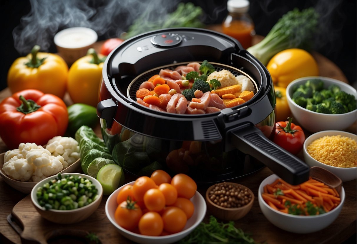 A variety of fresh Chinese ingredients arranged around an air fryer, with colorful vegetables, meats, and seasonings ready to be cooked