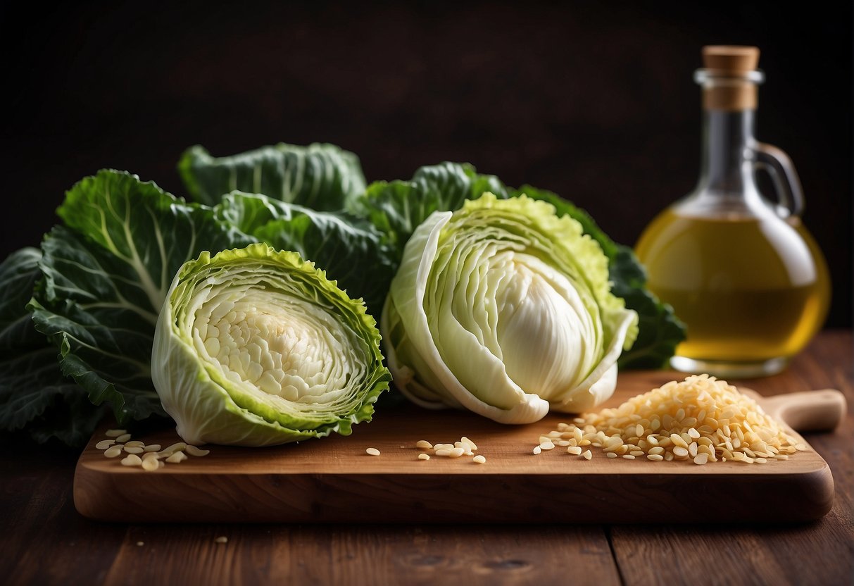 Fresh chinese flowering cabbage, garlic, ginger, soy sauce, and sesame oil on a wooden cutting board