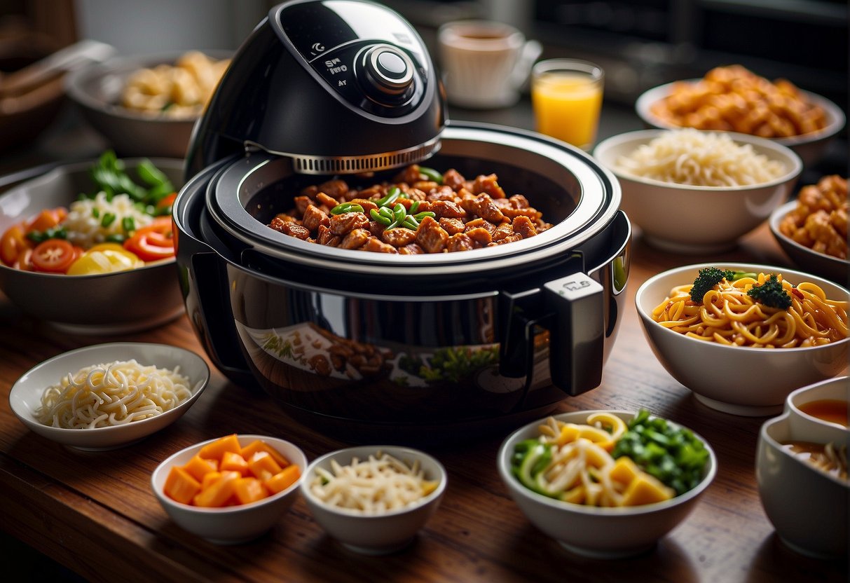A variety of colorful and aromatic Chinese dishes are arranged on a kitchen counter next to an air fryer, showcasing the healthy and delicious options available for cooking with this appliance