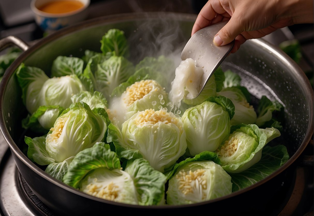 Chinese flowering cabbage being washed, trimmed, and blanched in boiling water before being stir-fried with garlic and soy sauce