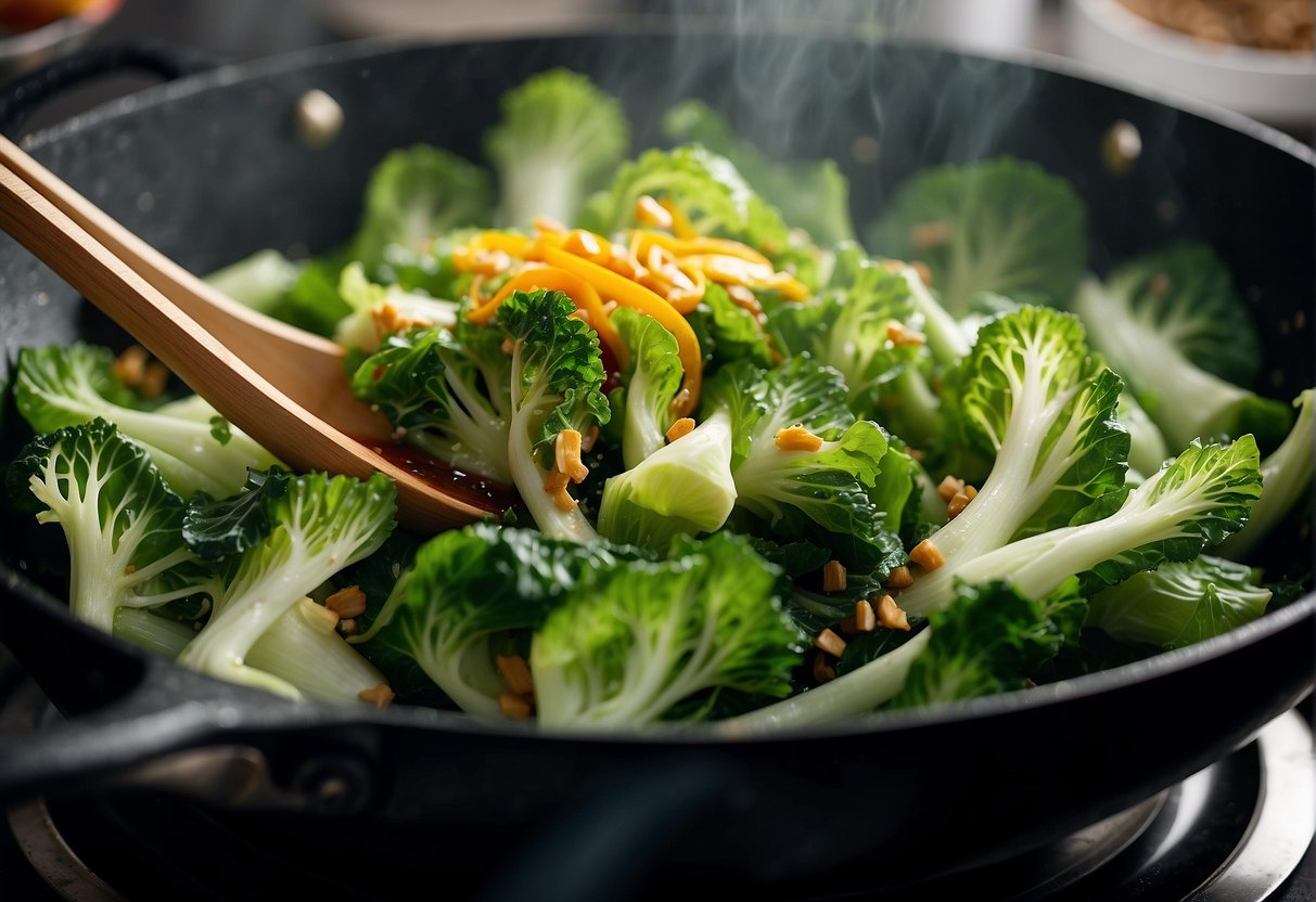 Chinese flowering cabbage being stir-fried in a sizzling hot wok with garlic, ginger, and soy sauce. The vibrant green leaves and tender stems are tossed and coated in the savory sauce, creating a mouthwatering aroma