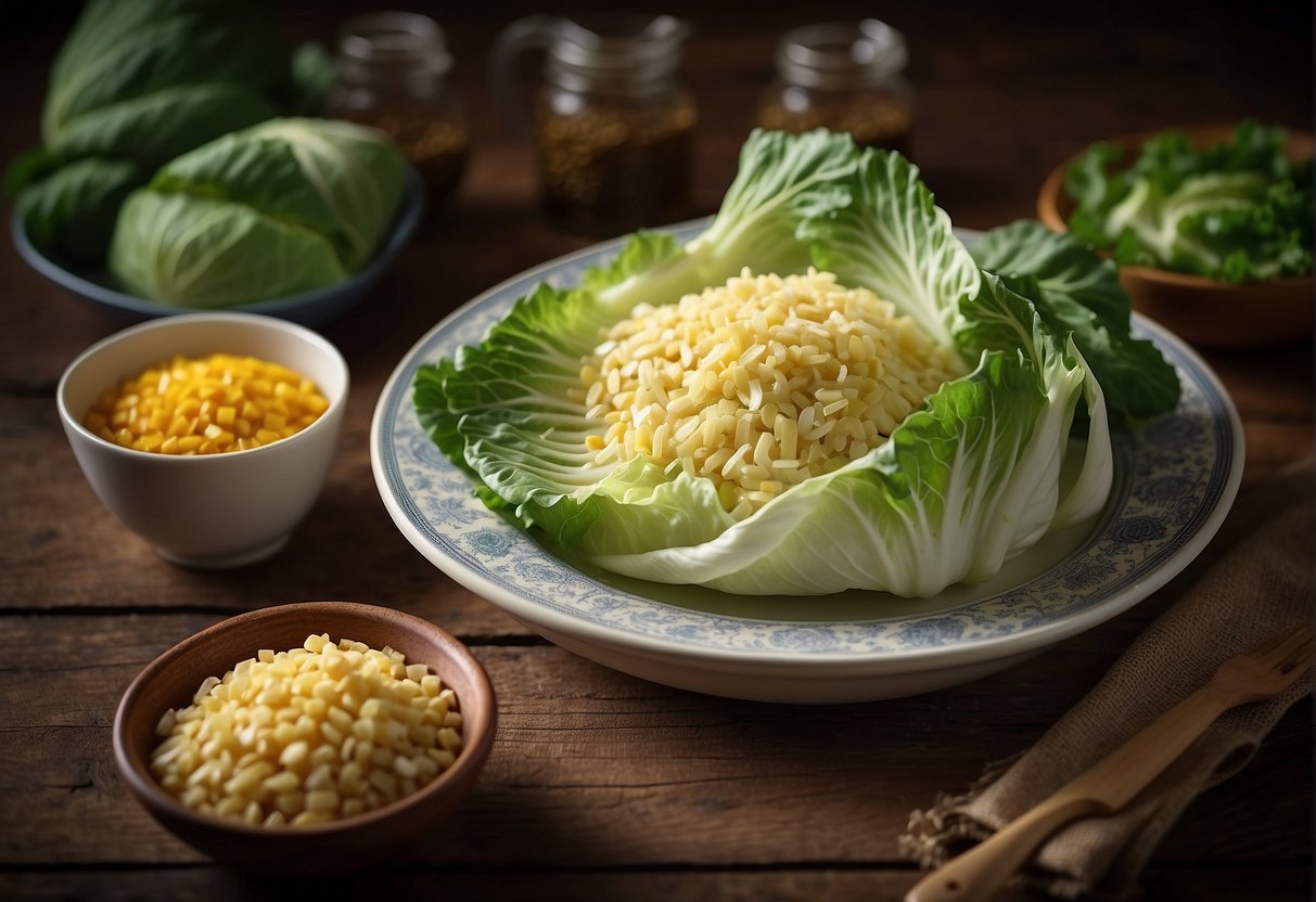 A table with a plate of Chinese flowering cabbage, surrounded by ingredients and a nutritional information label