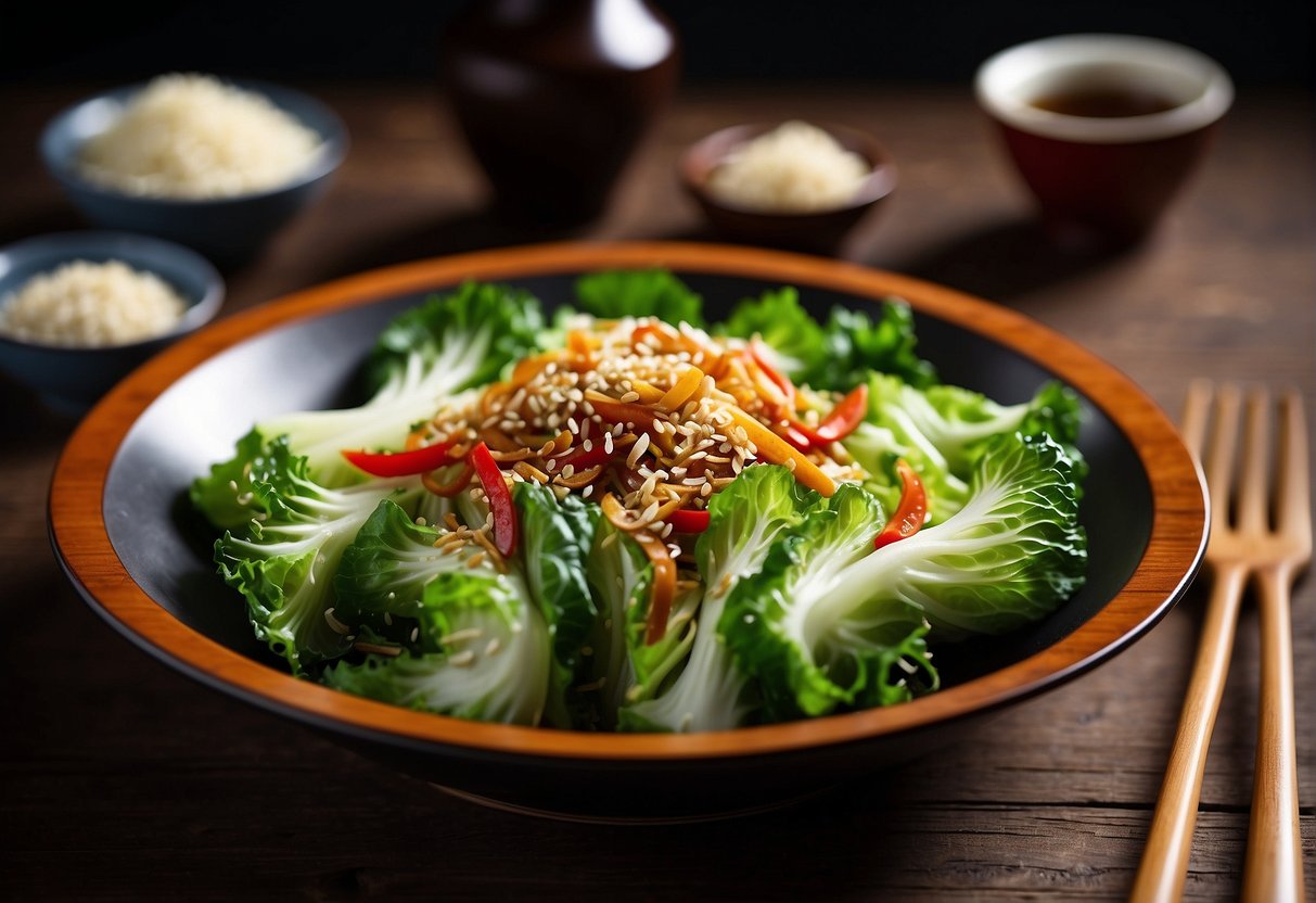 A plate of Chinese flowering cabbage stir-fry with garlic and soy sauce, garnished with sesame seeds and red chili flakes, on a wooden table