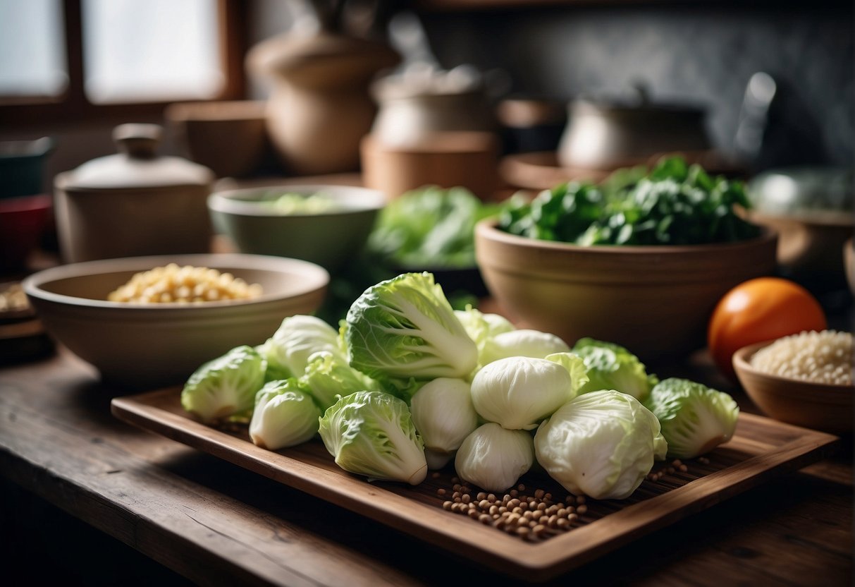 A traditional Chinese kitchen with ingredients and utensils for making flowering cabbage dish