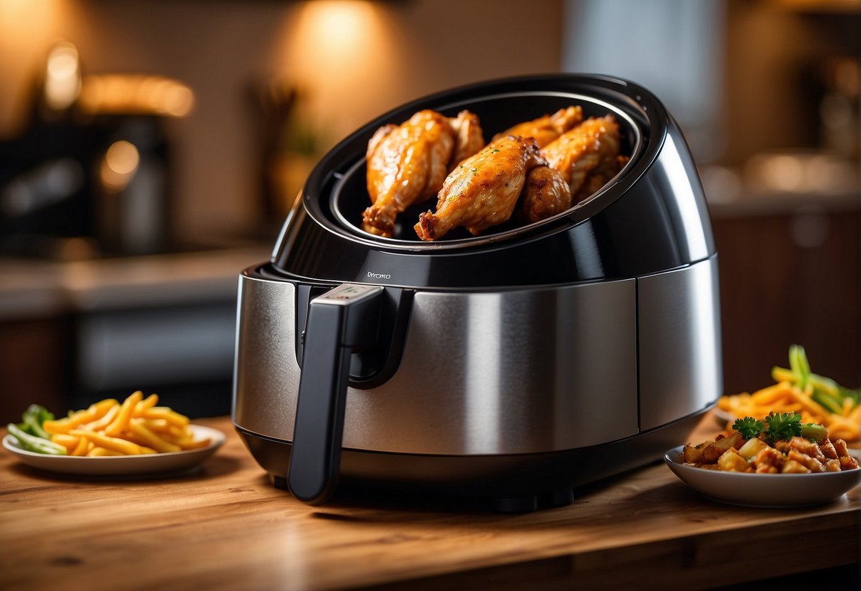 A sizzling air fryer cooks up crispy Chinese chicken dishes, emitting savory aromas and golden hues