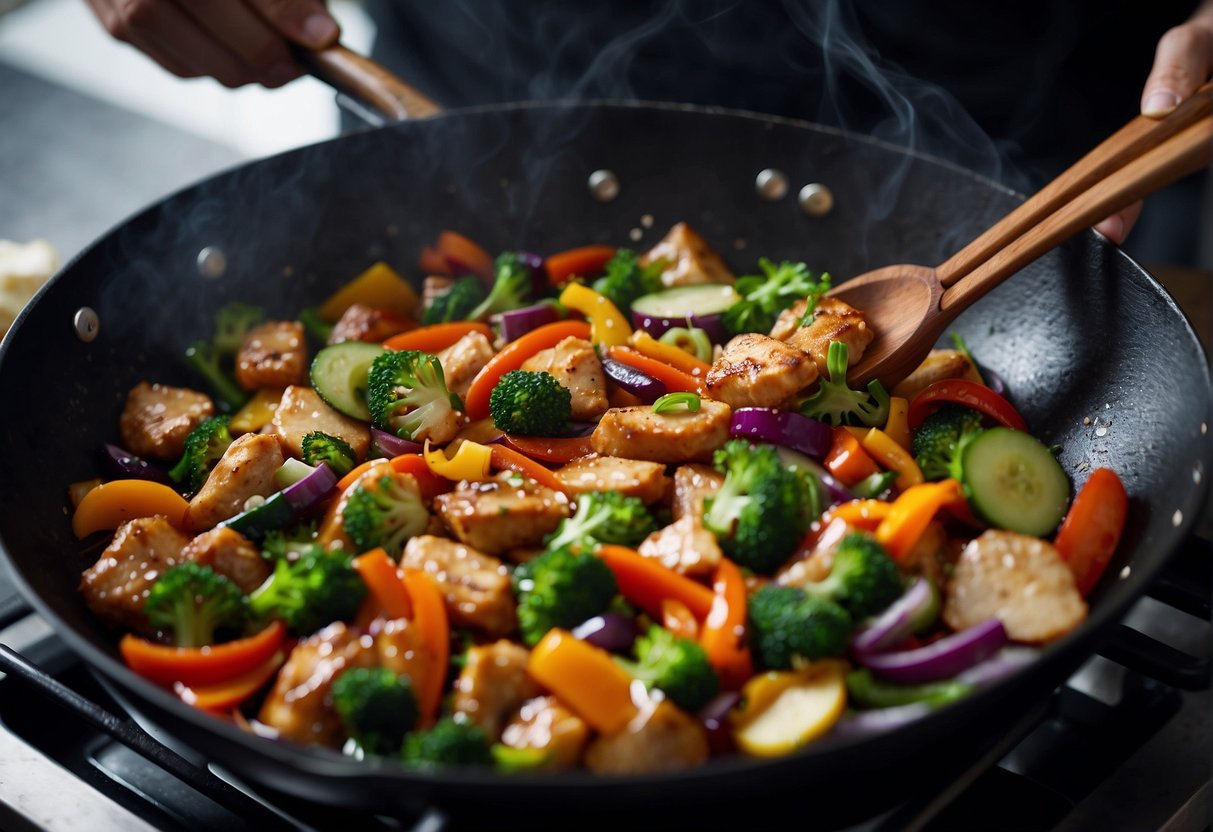 A chef stir-fries marinated chicken breast with colorful vegetables in a sizzling wok, adding a savory sauce for a traditional Chinese dish